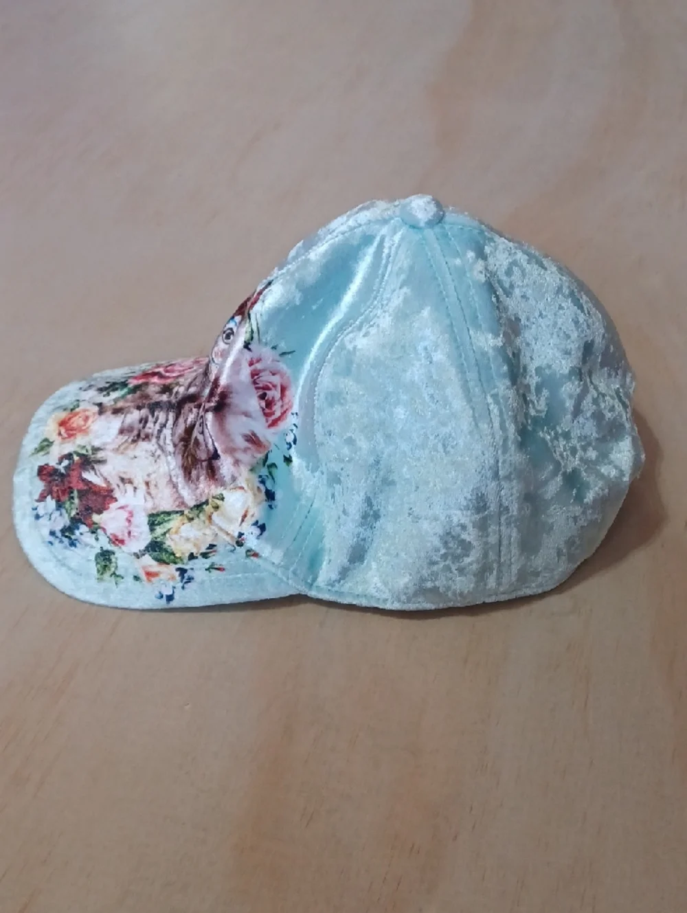 Justice Girls Crushed Velvet Hipster Kitten Baseball Cap Mint Green Cats Roses